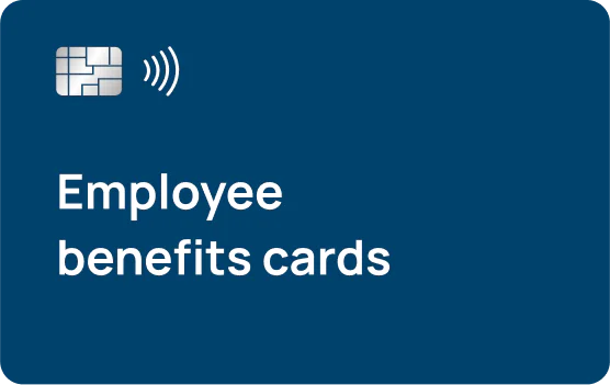The image shows a rectangle card in blue color that says employee benefits card solution.
