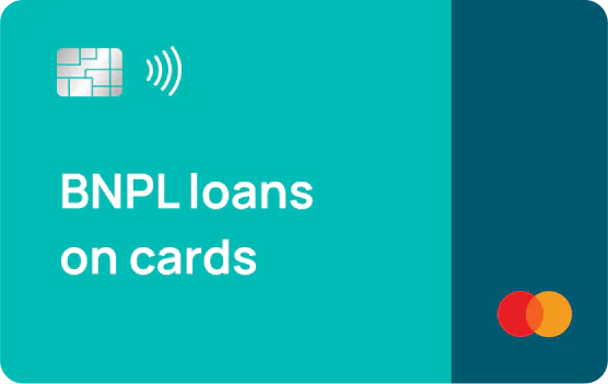 The image shows a rectangle card in teel blue color that says BNPL Loan card solution.