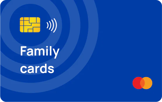 The image shows a rectangle card in dark blue color that says family card solution.