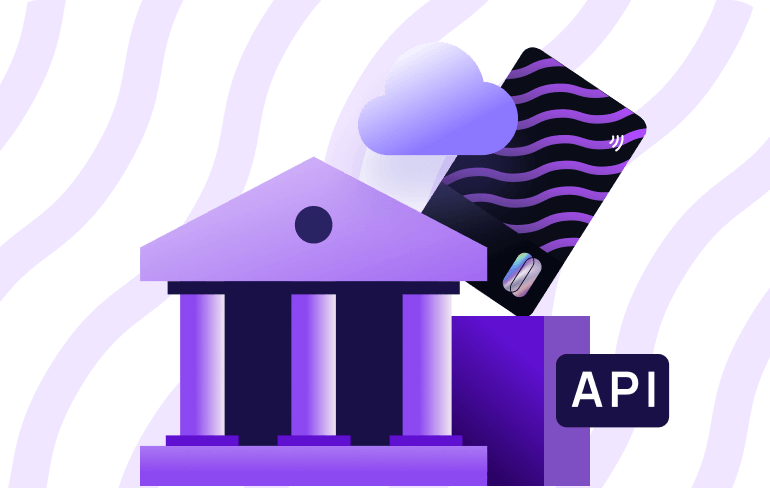 The image shows a purple color cloud & API based card processing platform for banks.
