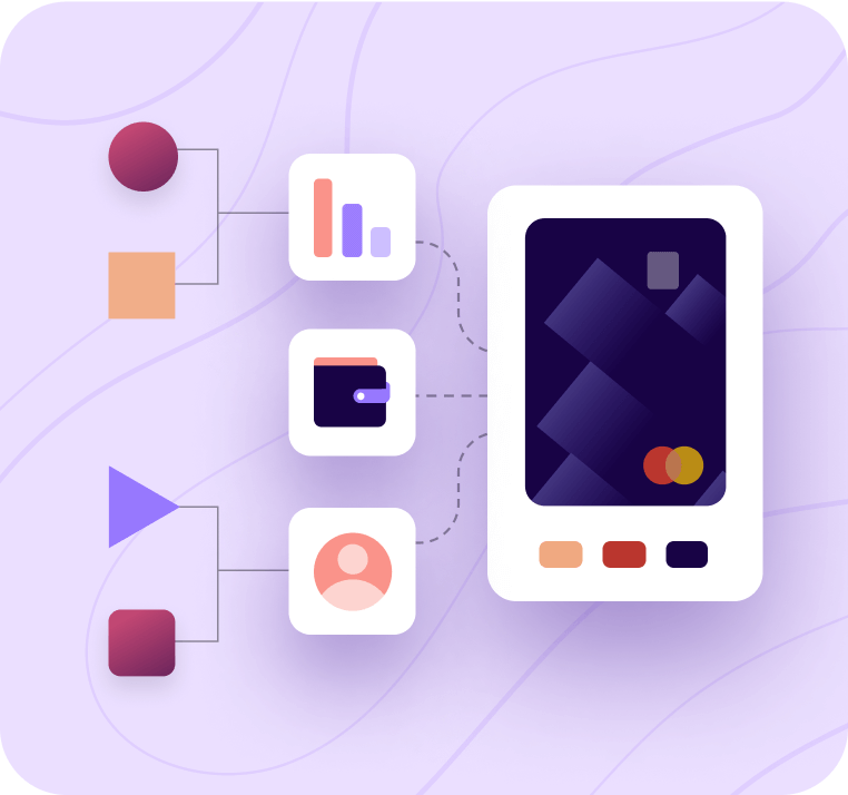The Image shows a square-shaped illustration of the zeta card processor platform. It has multi-level data analytics & payment wallet integrations with a purple color background.
