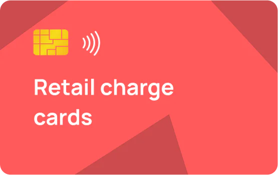  The image shows a rectangle card in pink color that says retail charge card solution.