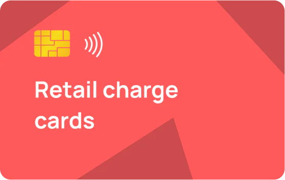 The image shows a rectangle card in pink color that says retail charge card solution.