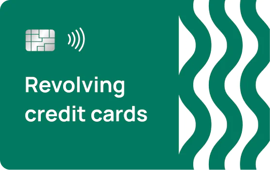 The image shows a rectangle card in green color that says revolving credit card solution.