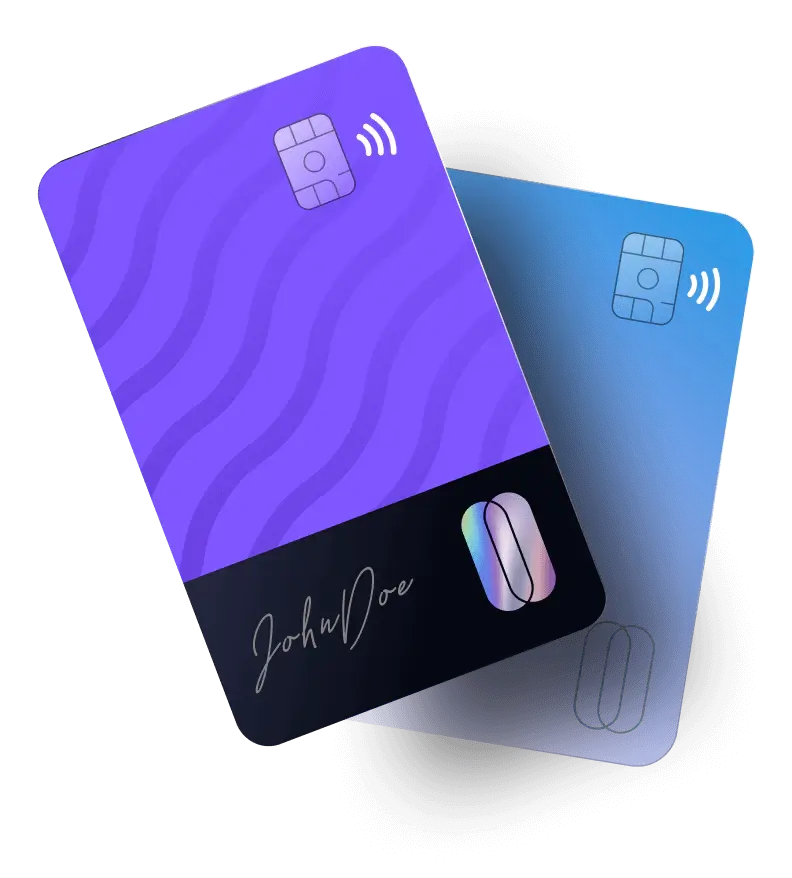 The image shows a front & back view of a purple color nextgen payment card with an EMV chip. It shows Zeta issuer card processing technology.  The cardholder's name John Doe is on the card's front side.