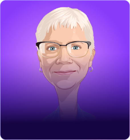 Face illustration of Karla Booe, who is the chief compliance office of Zeta with purple gradient background presenting at the money 2020 las vegas usa conference 2023.