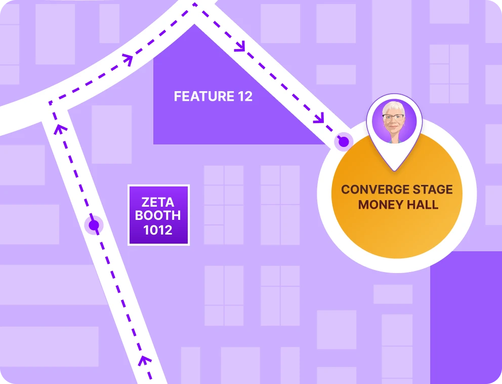 Map Illustration that shows Zeta booth location with number 1012 at the money 2020 usa conference 2023