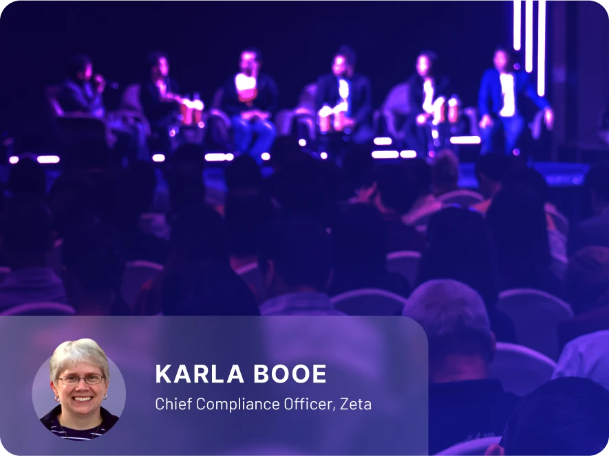 The image shows a group of chief compliance officers attending the CBA Conference Live 2024 to discuss AI compliance technology